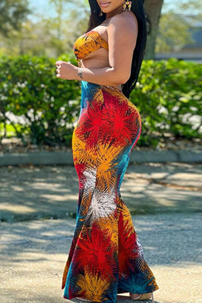 Fashion Sexy Print Hollowed Out Backless Strapless Long Dress Dresses