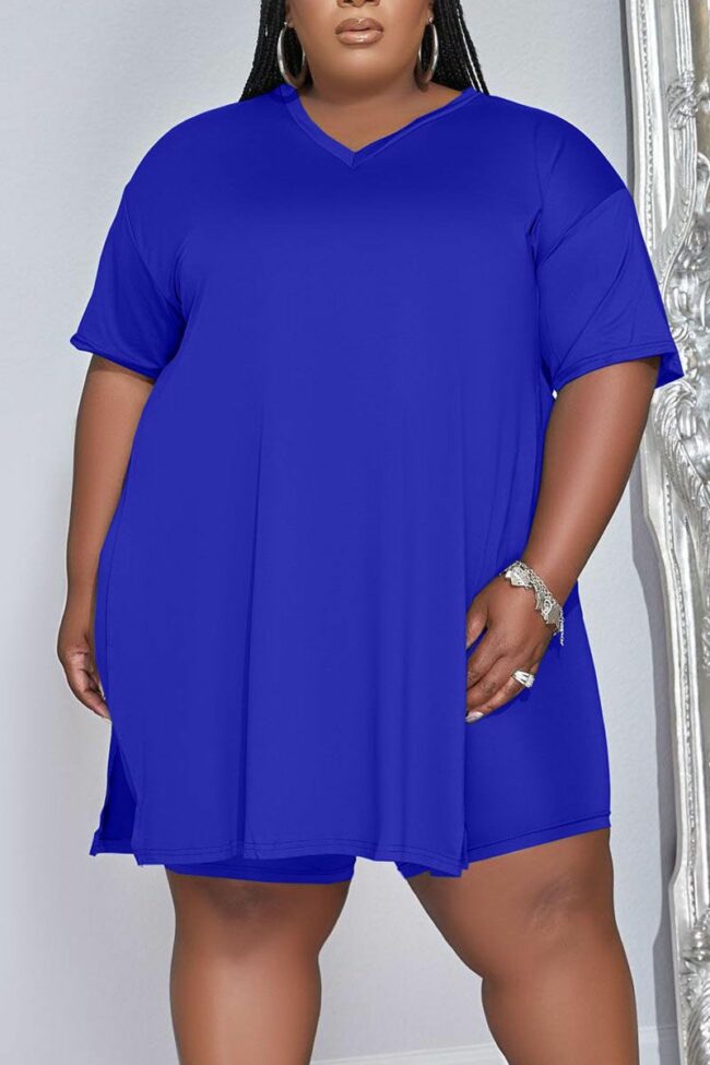 Casual Solid Split Joint V Neck Plus Size Two Pieces