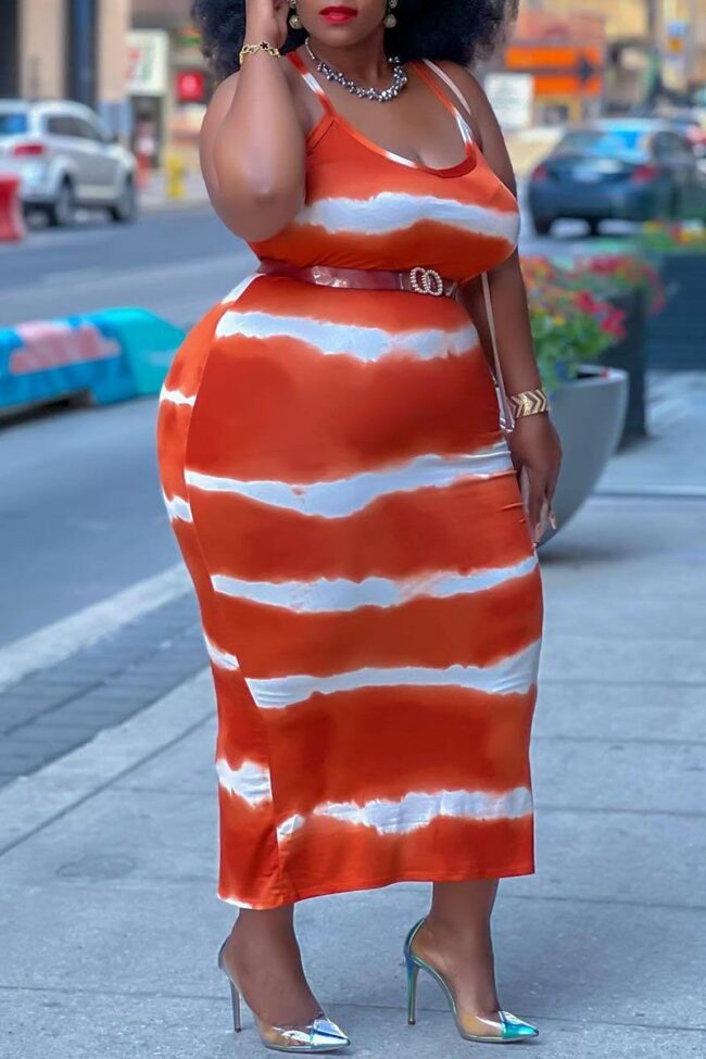 Casual Striped Print Split Joint Spaghetti Strap Sling Dress Plus Size Dresses (Without Belt)