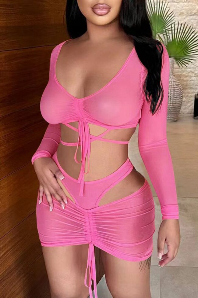 Fashion Sexy Solid Bandage V Neck Long Sleeve Two Pieces