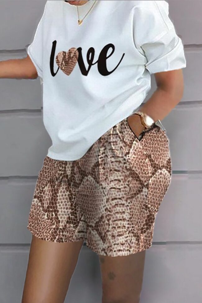 Casual Print Split Joint O Neck Short Sleeve Two Pieces