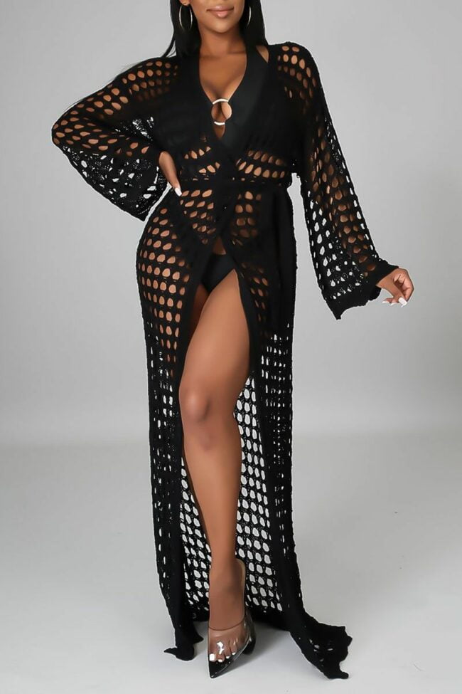 Sexy Solid Bandage Hollowed Out Split Joint Swimwears Cover Up