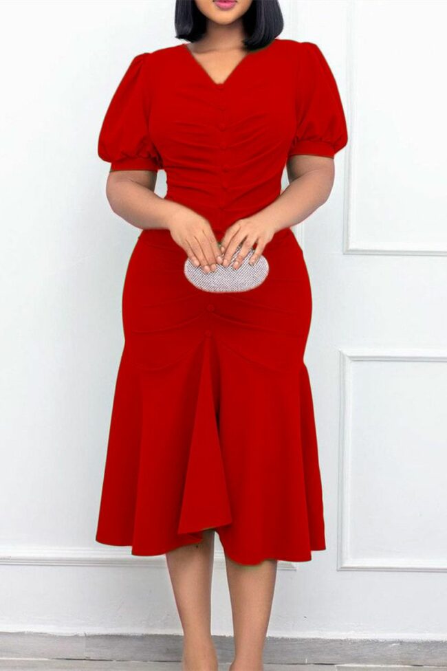 Fashion Casual Solid Fold V Neck Pencil Skirt Dresses