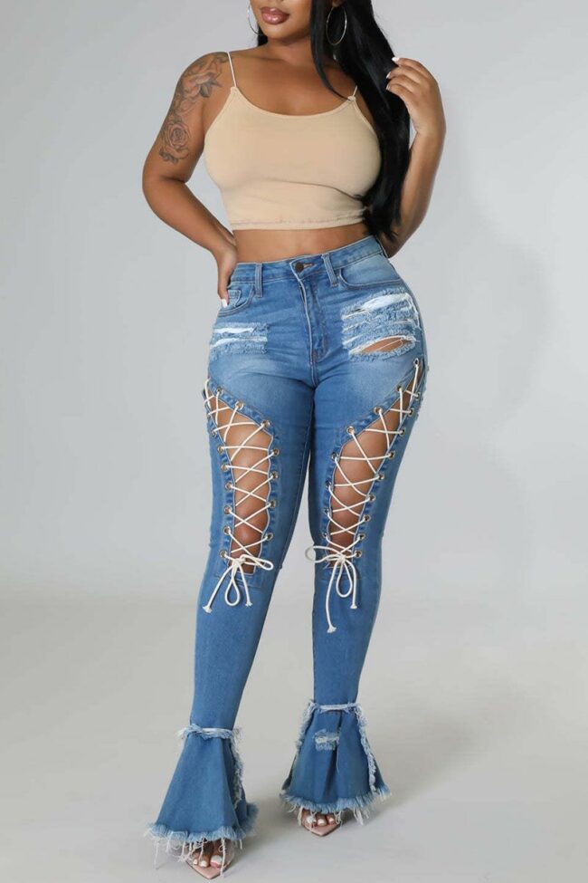 Sexy Street Solid Bandage Hollowed Out Split Joint High Waist Denim Jeans