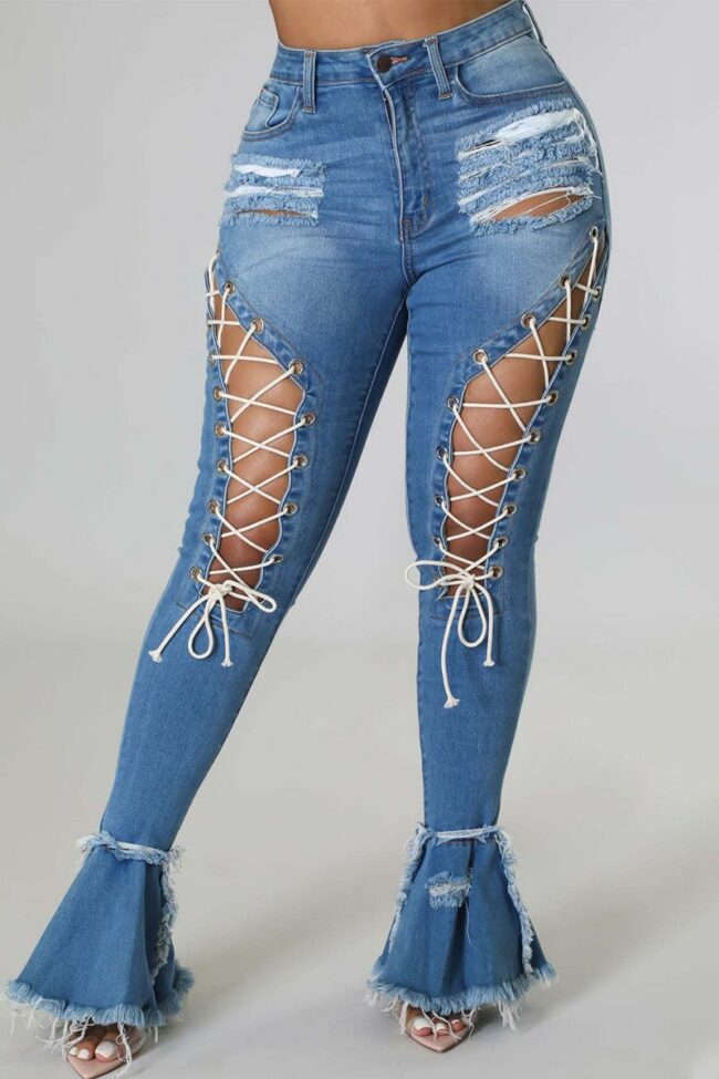Sexy Street Solid Bandage Hollowed Out Split Joint High Waist Denim Jeans
