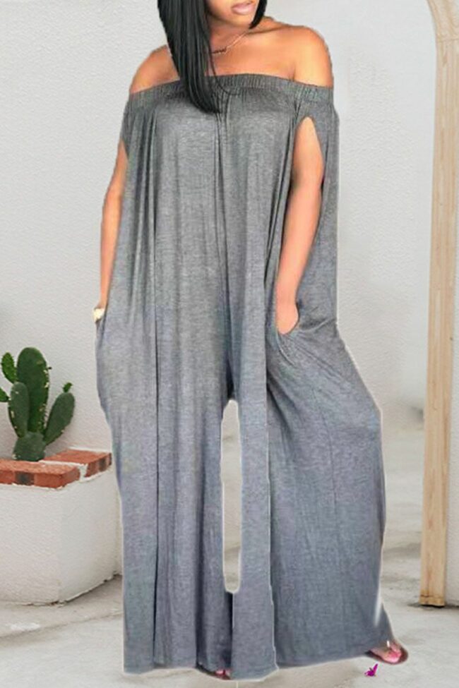Casual Solid Split Joint Off the Shoulder Straight Jumpsuits