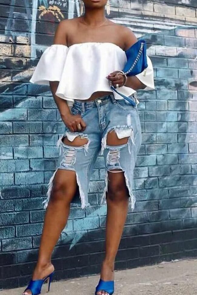 Casual Solid Ripped Mid Waist Straight Denim Shorts