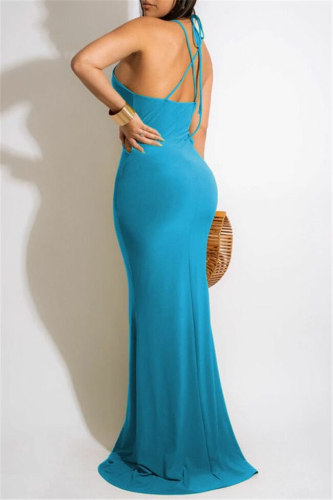 Fashion Sexy Plus Size Solid Hollowed Out Backless Spaghetti Strap Long Dress