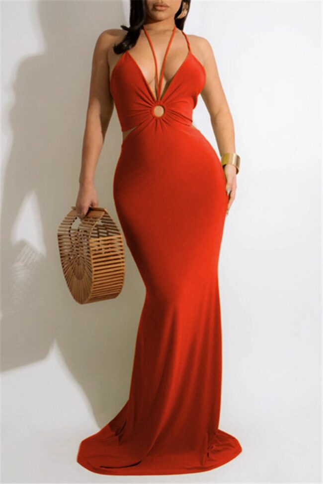 Fashion Sexy Plus Size Solid Hollowed Out Backless Spaghetti Strap Long Dress