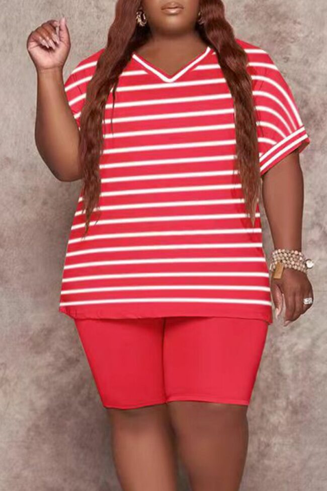 Casual Striped Split Joint V Neck Plus Size Two Pieces