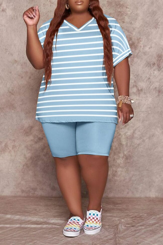 Casual Striped Split Joint V Neck Plus Size Two Pieces