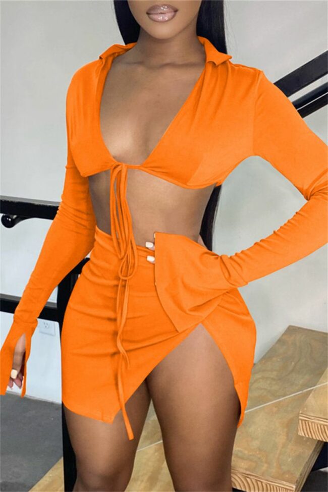 Fashion Sexy Solid Bandage Slit V Neck Long Sleeve Two Pieces