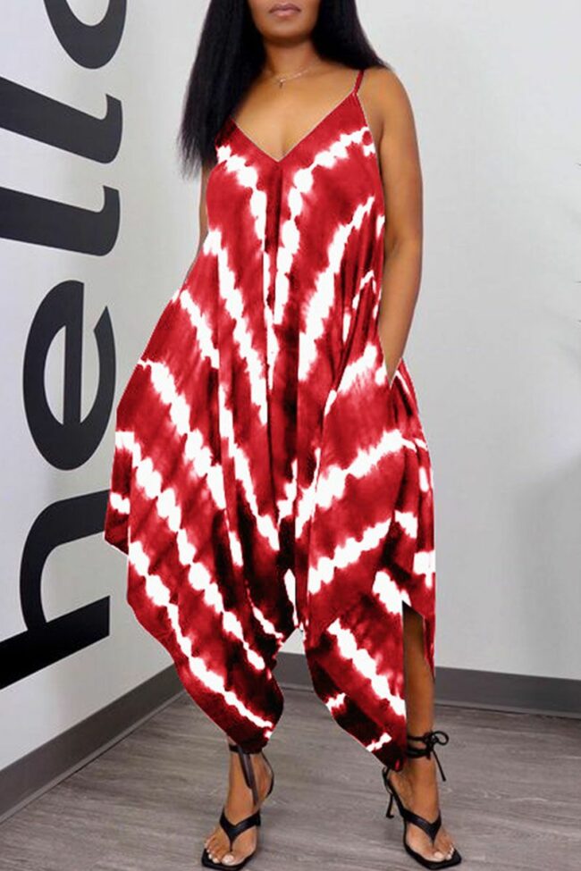 Casual Print Split Joint Spaghetti Strap Loose Jumpsuits