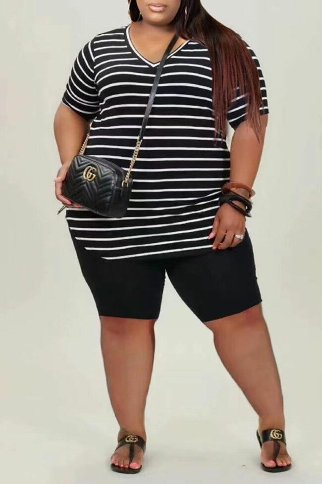 Casual Striped Print Split Joint V Neck Plus Size Two Pieces