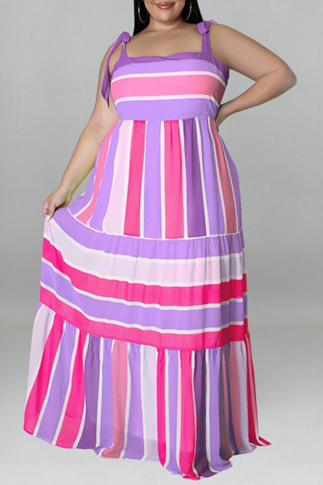 Fashion Casual Plus Size Print Bandage Backless Spaghetti Strap Long Dress