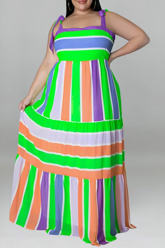 Fashion Casual Plus Size Print Bandage Backless Spaghetti Strap Long Dress