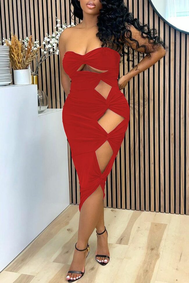 Sexy Solid Hollowed Out Split Joint Strapless One Step Skirt Dresses