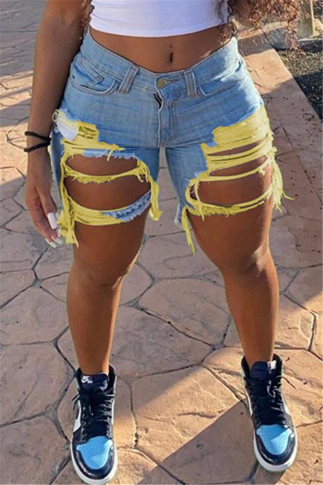Fashion Casual Sweet Solid Ripped Split Joint Regular Mid Waist Conventional Solid Color Plus Size Denim Shorts