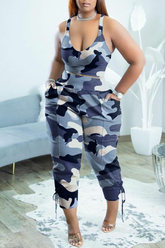 Casual Print Camouflage Print Split Joint V Neck Plus Size Two Pieces