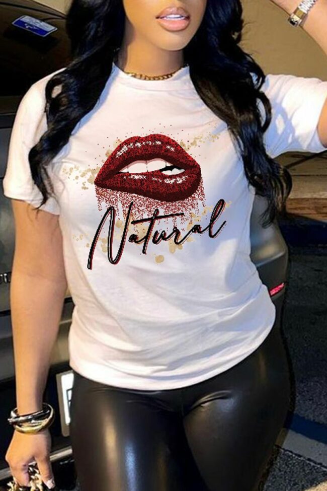 Fashion Street Lips Printed Split Joint Letter O Neck T-Shirts