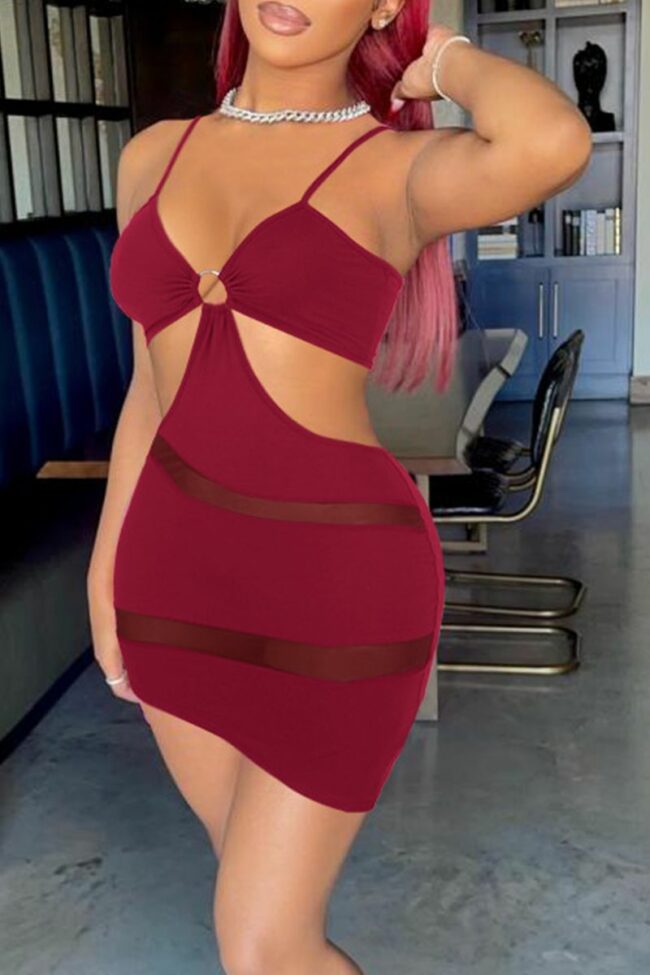 Sexy Solid Mesh Spaghetti Strap Pencil Skirt Dresses