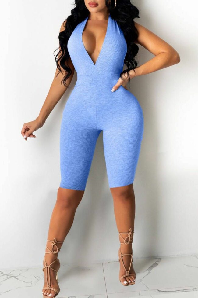 Sexy Casual Solid Backless Halter Skinny Romper