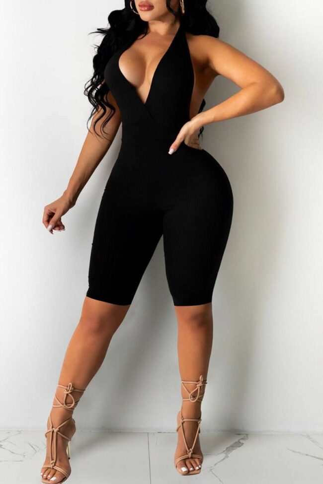 Sexy Casual Solid Backless Halter Skinny Romper
