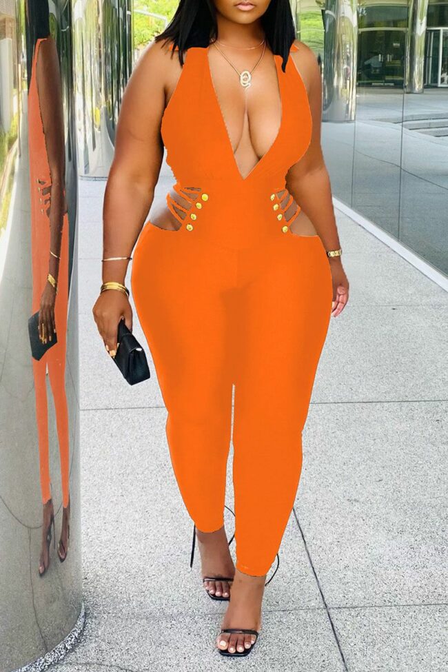 Sexy Solid Hollowed Out Split Joint V Neck Regular Jumpsuits
