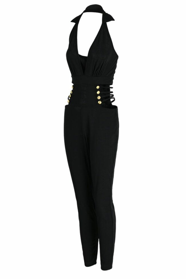 Sexy Solid Hollowed Out Split Joint V Neck Regular Jumpsuits