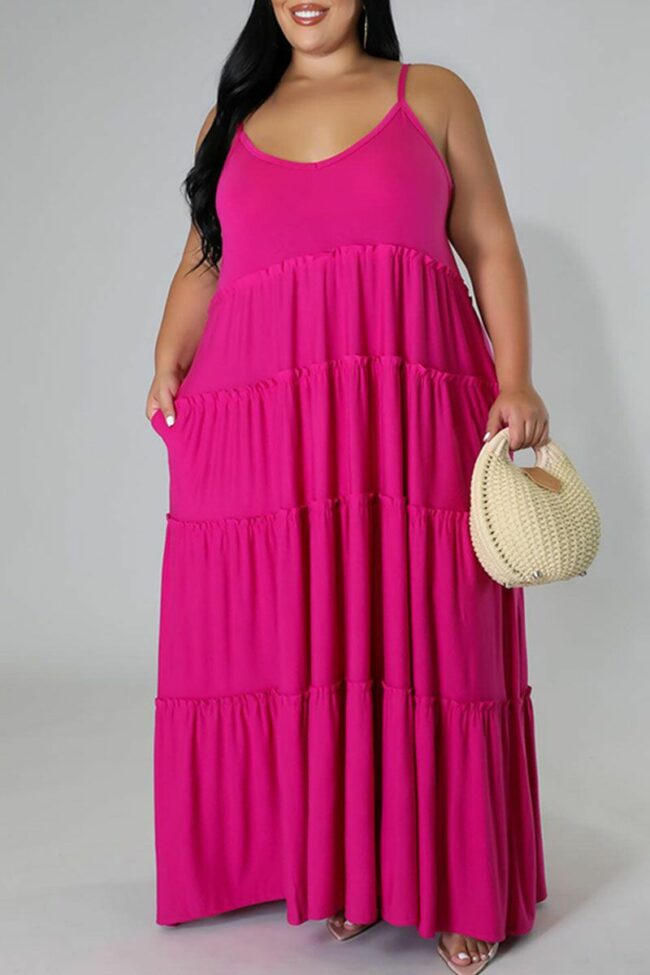 Casual Solid Split Joint Spaghetti Strap Straight Plus Size Dresses