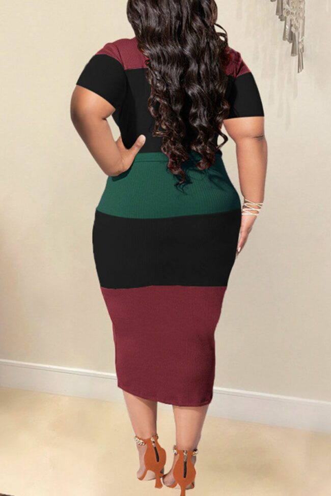 Casual Striped Print Bandage Split Joint O Neck One Step Skirt Plus Size Dresses