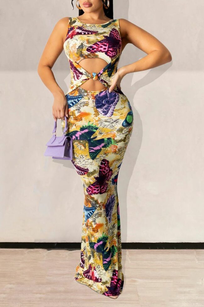 Sexy Print Hollowed Out O Neck Trumpet Mermaid Dresses