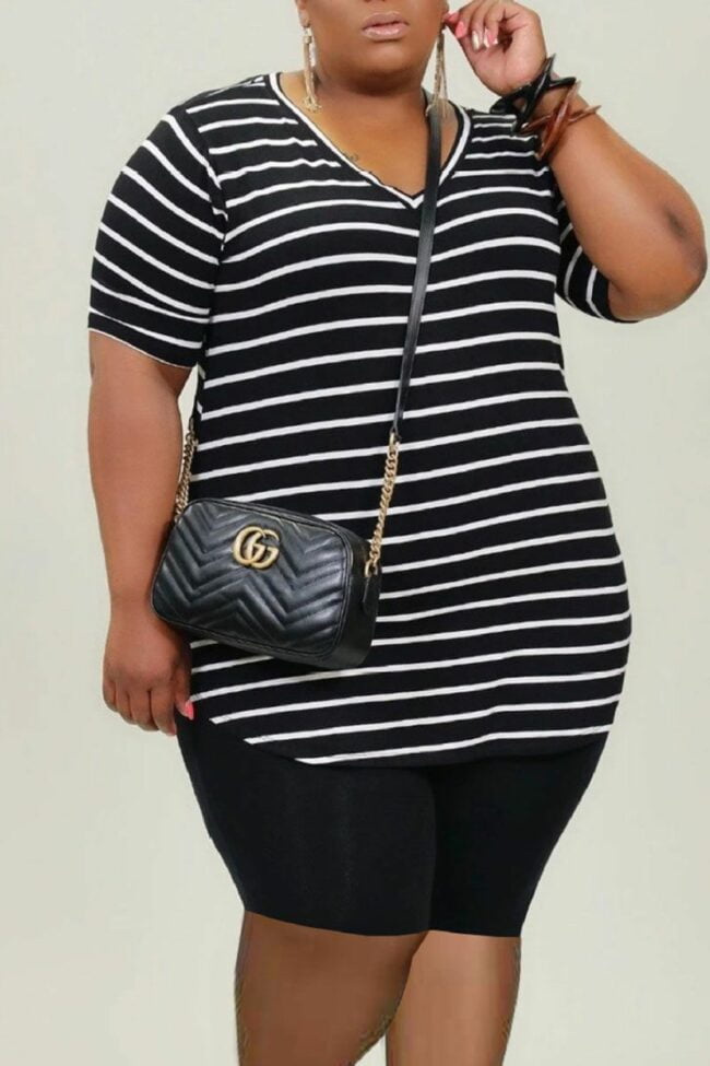Casual Striped Print Split Joint V Neck Plus Size Two Pieces