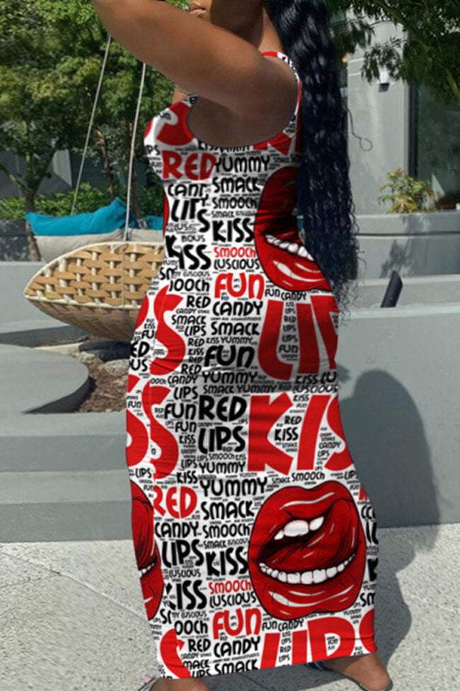 Fashion Sexy Plus Size Letter Lips Printed Basic U Neck Vest Dress