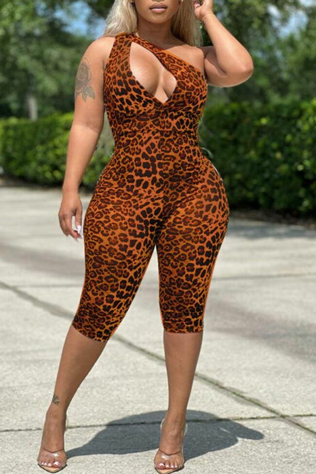Sexy Print Leopard Hollowed Out Patchwork Oblique Collar Regular Jumpsuits