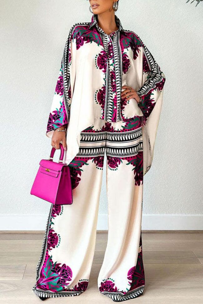 Casual Print Patchwork Buckle Asymmetrical Turndown Collar Long Sleeve Two Pieces