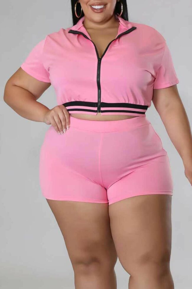Casual Solid Patchwork Zipper Plus Size Two Pieces