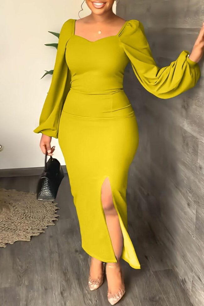 Fashion Casual Solid Slit Square Collar Long Sleeve Dresses