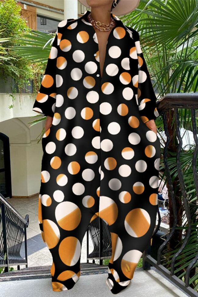 Fashion Casual Dot Print Patchwork Turndown Collar Loose Jumpsuits