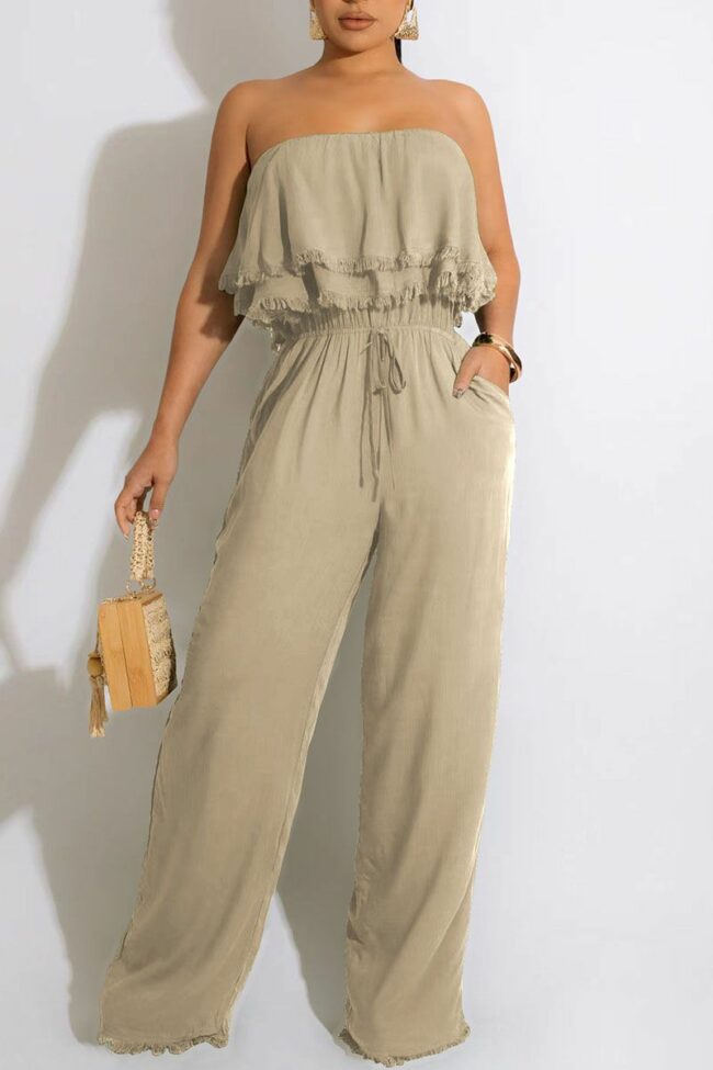 Casual Solid Patchwork Strapless Straight Jumpsuits