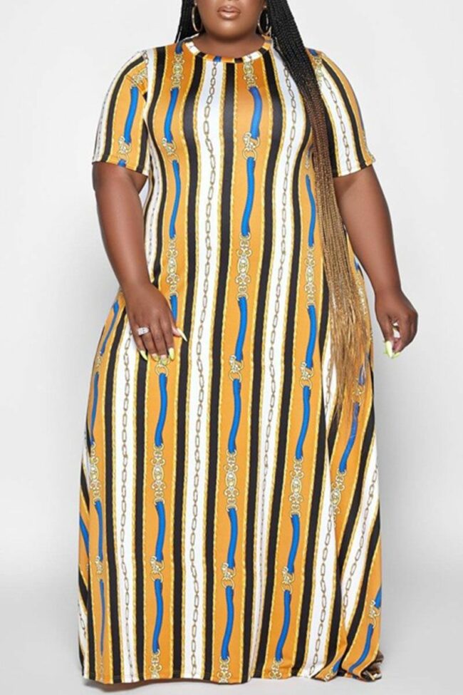 Casual Print Patchwork O Neck Straight Plus Size Dresses