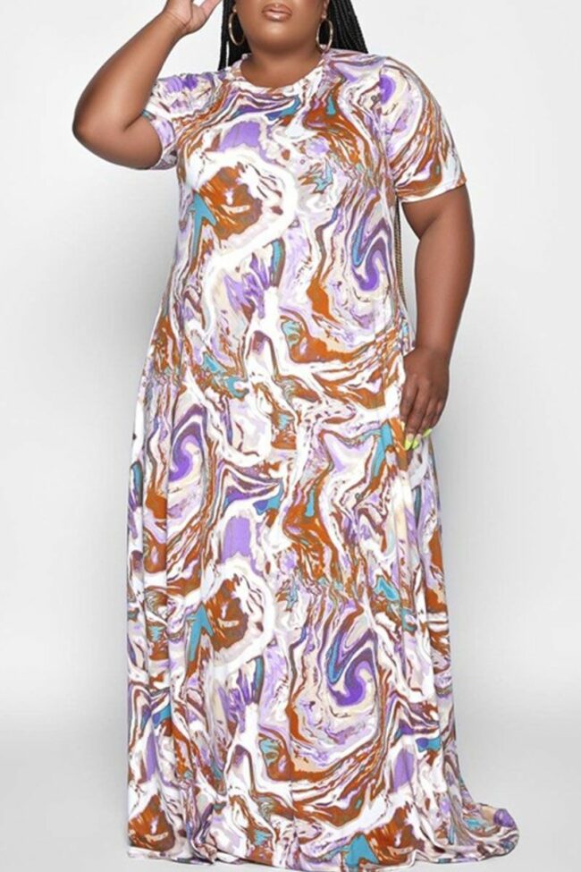 Casual Print Patchwork O Neck Straight Plus Size Dresses