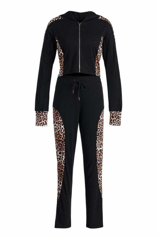 Casual Print Leopard Split Joint Hooded Collar Long Sleeve Two Pieces